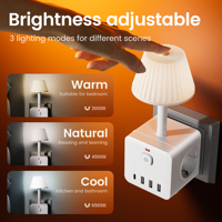 Regleta de enchufes múltiple Rohs CE KC con 3 tomas de CA 250V 16A, 3 USB-A, 1 Tipo-C y 1 Lámpara para dormitorio/escritorio