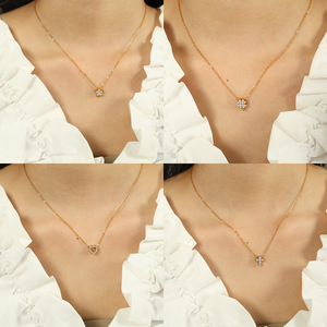 Stainless Steel Pendant Necklace With Diamond Pave Setting Cross Heart <b>Star</b> Moon Clover <b>Design</b> For Women Gift Jewelry - Product Image 4