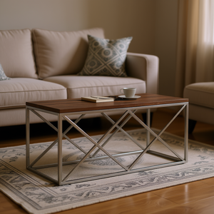 Tavolino da Caffè Moderno Industriale con Piano in Legno e Struttura in Metallo Finitura Argento Arredamento per Soggiorno - Product Image 2