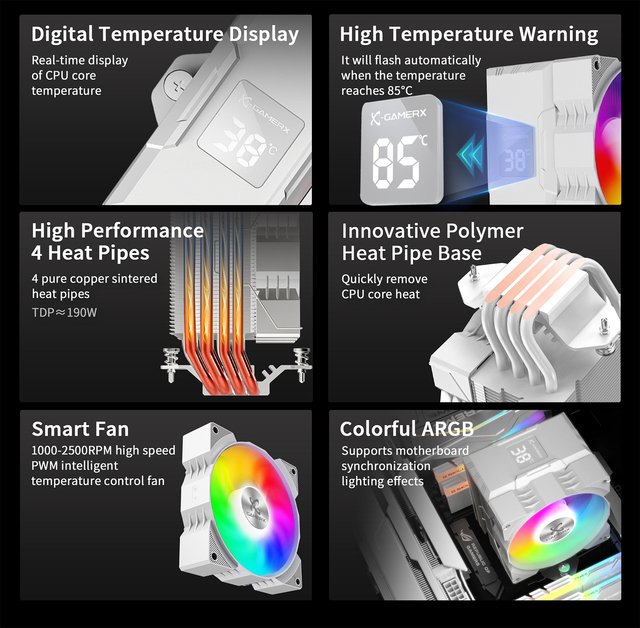 Gamer-X Z-1300 90mm ARGB LED CPU Air Cooler High Performance 4-Heatpipe Fluid Bearing Aluminum Tower Processor Gaming PCs Black