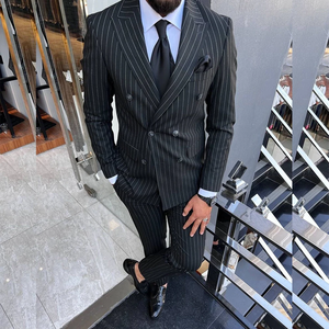 Ternos Masculinos de Alta Qualidade com Risca de Giz Preta Lapela Pontuda e Abotoamento Duplo Roupa Masculina Elegante para Festa de Formatura e Casamento Conjunto de <span class=keywords><strong>2</strong></span> Peças Jaqueta e Calça - Product Image 1