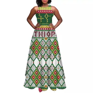 2022 دروبشيبينغ ريترو القبيلة أكمام ألف خط تنورة أنيقة أكمام فستان كاجوال مع إثيوبيا شعار طباعة تكدرت الطباعة