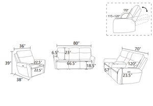 Light Grey Breathing Leather <b>3</b>-<b>Piece</b> Living Room Recliner <b>Sofa</b> <b>Set</b> - Product Image 5