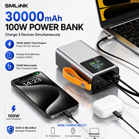 Batterie externe portable 30000mAh avec charge rapide 100W et câble rétractable pour ordinateur portable, smartphone, montre connectée OEM ODM