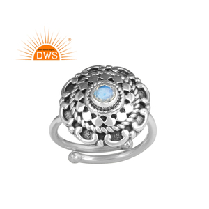 Anillo Ajustable de Plata de Ley 925 con Piedra Lunar Arcoíris de Fuego Natural, Diseño Étnico, Proveedor de Joyería, Colección Clásica - Product Image 1
