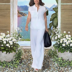 Moda estiva Casual da <span class=keywords><strong>donna</strong></span> in cotone e <span class=keywords><strong>lino</strong></span> due pezzi traspirante a mezza camicia a maniche corte <span class=keywords><strong>pantaloni</strong></span> larghi in Chiffon tinta unita XXS XL - Product Image 3