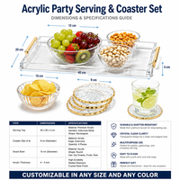 Plateau de service personnalisé en acrylique usiné CNC, bols, sous-verres, poignées dorées, décor transparent comme du cristal, services de fraisage et de perçage