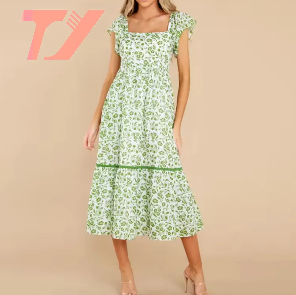 TUOYI Casual moda puro algodón mujeres cuello cuadrado manga corta espalda descubierta Floral plisado diseño bolsillo mujeres vestido suelto