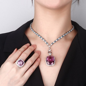 High Quality Gold Dainty Eco-friendly Copper Necklace Rings 20*23mm Square <b>Pink</b> Blue Cubic Zirconia Wedding Jewelry Set Women - Product Image 4