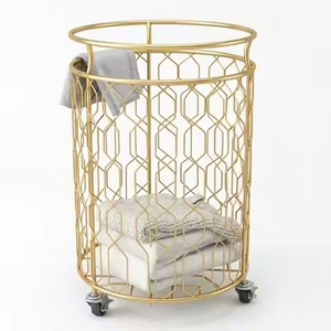 Panier à linge ovale haut en fil métallique doré, chariot de rangement pour vêtements en métal sur roulettes pivotantes, bac de rangement pour linge sale - Product Image 1