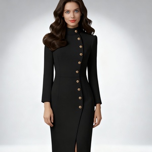 เดรสแฟชั่นฤดูใบไม้ร่วงแขนยาวคอตั้งทรงสลิมฟิตกระดุมโลหะแฟชั่น - Product Image 1