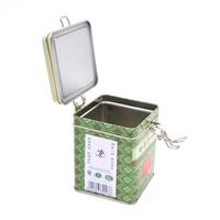 Boîte à thé en métal carrée personnalisée de qualité alimentaire, hermétique, avec fermoir, matériaux recyclés, vernis brillant, impression CMYK, emballage pour boissons