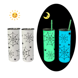 Gobelet droit bleu de 20 oz avec paille verte phosphorescente pour transfert par sublimation blanche - Product Image 2