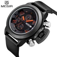 Montre Megir 2002 G Sport 6 aiguilles grand boîtier pour homme, montre Megir pas chère en silicone noir et blanc, montre de sport pour la course à pied