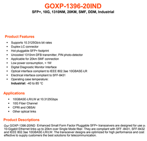 Module émetteur-récepteur optique industriel GOXP 1396 20 IND 10G SFP+ 1310nm 20KM Fibre monomode DDM Connecteur LC - Product Image 2