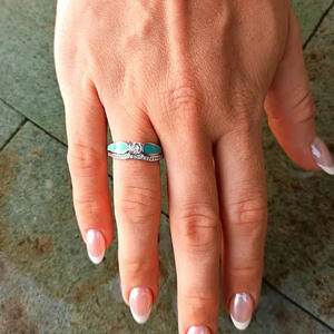 T0879 Women's 18K Solid <b>Gold</b> Engagement <b>Ring</b> With Round Brilliant Diamond Pave Setting And <b>Turquoise</b> Inlay - Product Image 3