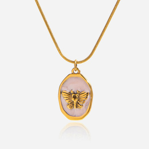 Butterfly <b>Bow</b> Geometric Pendant Necklace Stainless Steel Light Pink Inlay Bezel Setting <b>Gift</b> Jewelry - Product Image 1