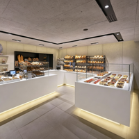 Comptoir de présentation de pain commercial en acrylique haut de gamme sur mesure, vitrine de boulangerie multifonctionnelle avec éclairage LED, écologique, pour boulangerie complète