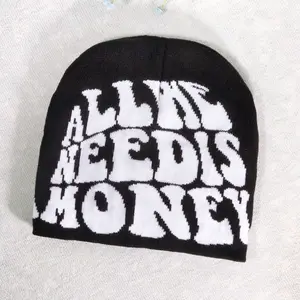 1pc ALL WE NEED IS MONEY Hip Hop Slogan Knitted Jacquard Hat Trendy Elastic Skull Cap Unisex Beanies For Women Men