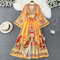 Robe longue fendue personnalisée printemps automne col en v fermeture à la taille robe imprimée fine