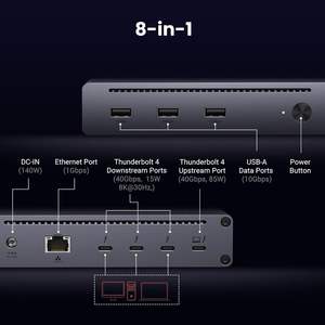 UGREEN Dock Thunderbolt 4 8 in 1 Hub TBT4 40Gbps <span class=keywords><strong>3</strong></span> X TB 4 Doppio Display 4K 60Hz Singolo Display 8K Ricarica Rapida 85W Ethernet Gigabit - Product Image 2