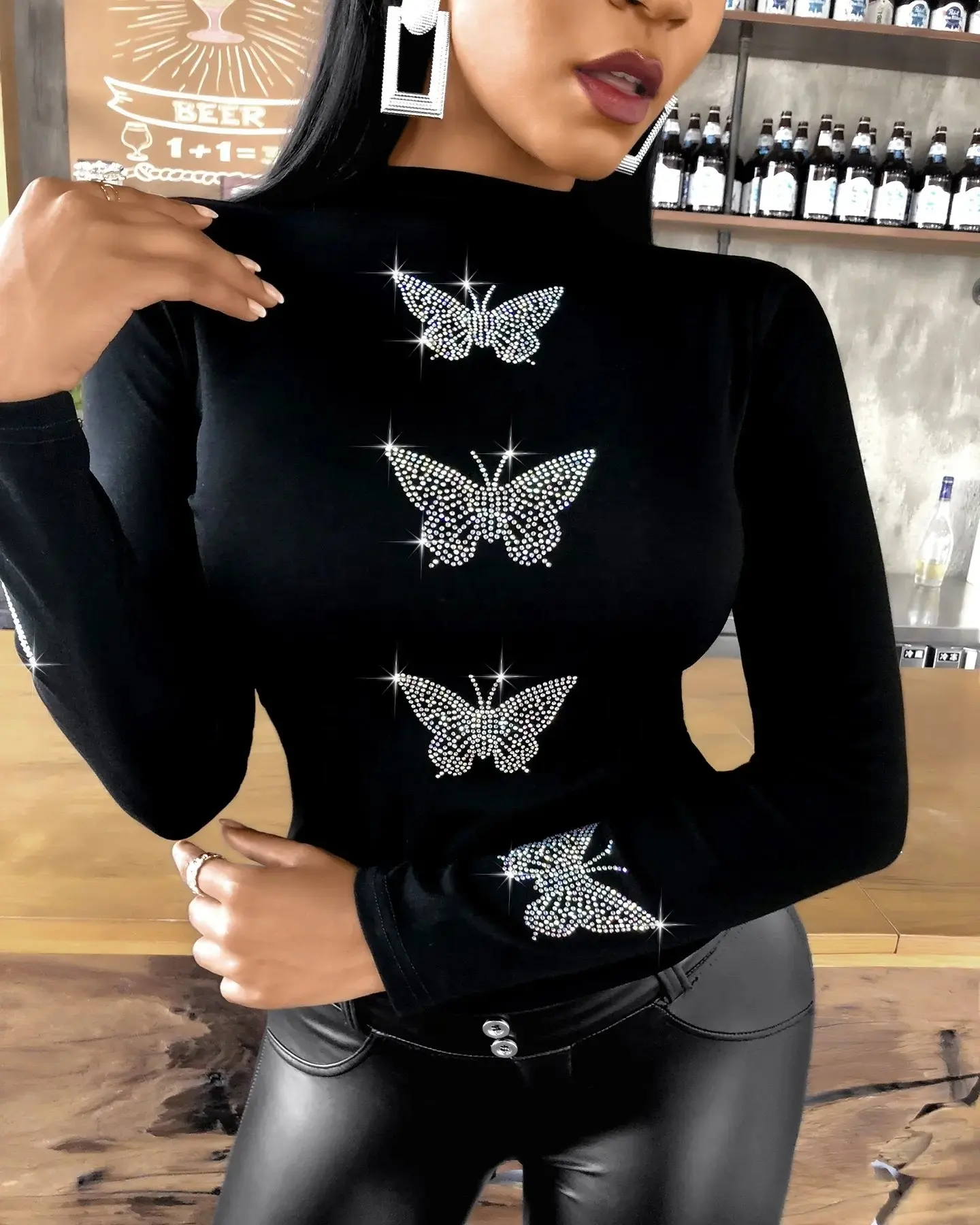 KY High Collar Underwear Butterfly Pattern Studded Rhinestone print Long Sleeve Top Shirt