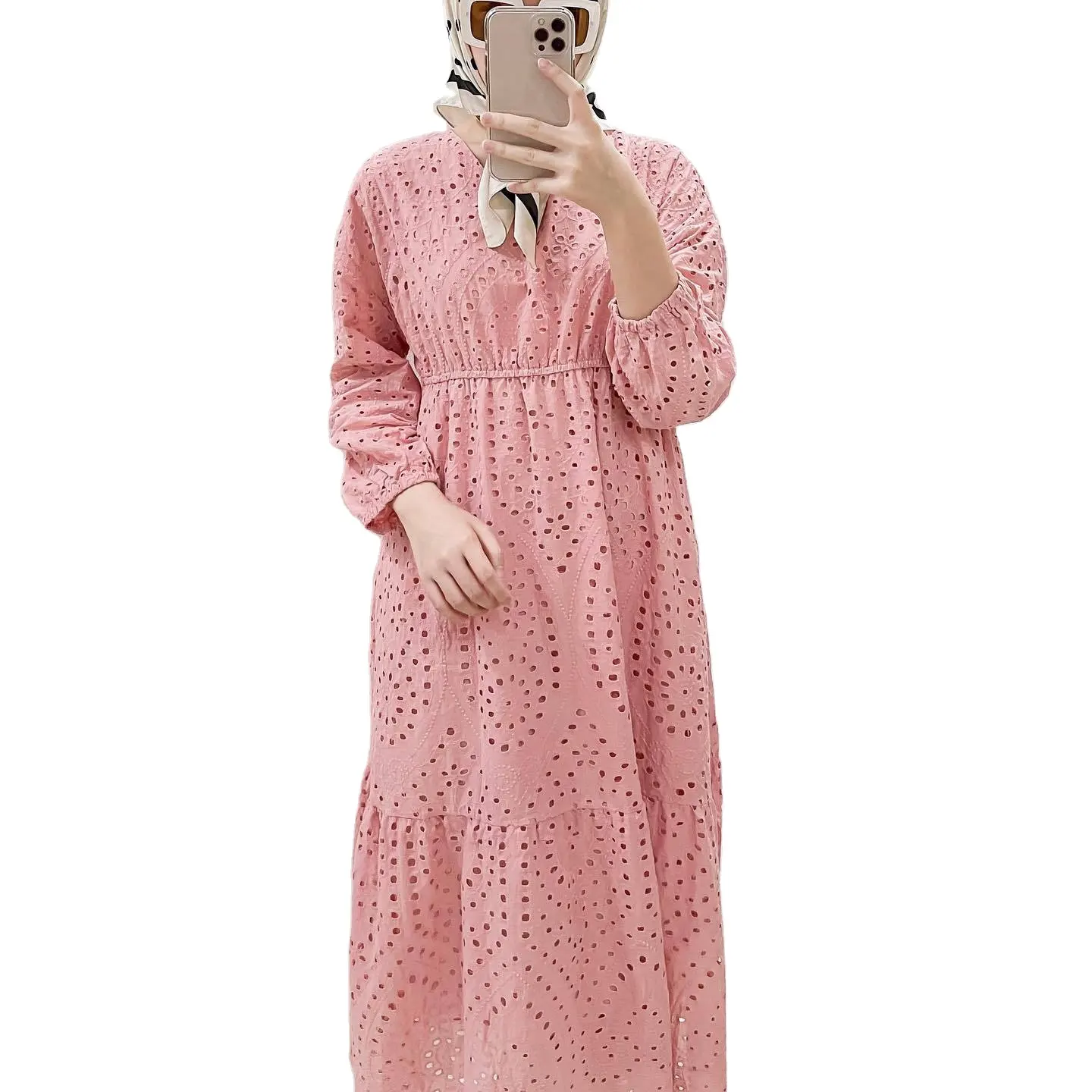 Solide Farbe chiffon-Kleid mit langer Ärmel Rundhalsausschnitt modisches Kleid für Damen Abdi Bai Damen muslimisches Kleid Abaya