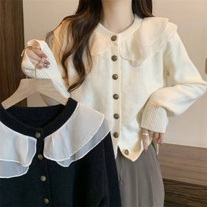 Maglione lavorato a <span class=keywords><strong>maglia</strong></span> <span class=keywords><strong>in</strong></span> tinta unita da donna con Design a balze all'ingrosso <span class=keywords><strong>in</strong></span> pizzo Chiffon con colletto arricciato Cardigan con bottone invernale - Product Image 4