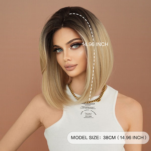 Perruque courte pour <span class=keywords><strong>femme</strong></span>, style européen-américain, avec dentelle frontale, naturelle et lisse, couvrant entièrement la tête, <span class=keywords><strong>dégradé</strong></span> doré, coupe Bobo, longueur aux épaules - Product Image 3