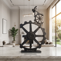 Nouvelle Sculpture Abstraite Moderne de Luxe en Métal et Marbre, Statue d'Homme Engrenage, Motif Éolienne Noir/Argent Foncé, Décoration Maison/Bureau