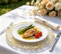 Assiette de présentation en plastique transparente de 13 pouces avec bordure dorée en relief pour la décoration de table de mariage ou de fête