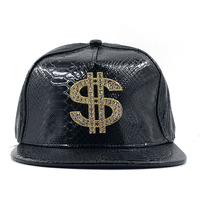 Casquette de baseball sportive de luxe vintage et tendance à 5 panneaux en cuir PU effet peau de serpent avec décor métallique en forme de signe dollar doré