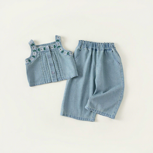 Conjunto de <span class=keywords><strong>Ropa</strong></span> de Verano para Bebés Niñas al por Mayor - Jeans de Mezclilla de Algodón con Top sin Mangas, Conjunto de 2 Piezas de Alta Calidad para Niños - Product Image 1