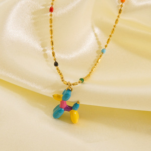 Collier F163 en émail coloré avec un chien mignon et un visage souriant, plaqué or, en acier inoxydable, chaîne à perles pour femmes - Product Image 3