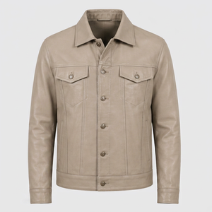 Chaqueta de Cuero Beige para Hombre, Estilo Casual, Manga Regular, Cierre de un Solo Botón - Product Image 1