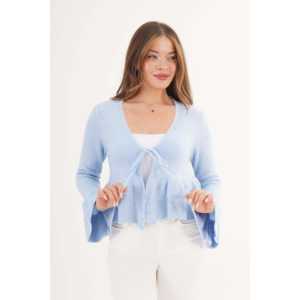 Cárdigan Azul Celeste para Mujer al por Mayor con Detalle de Volantes y Lazo Delantero - Product Image 4