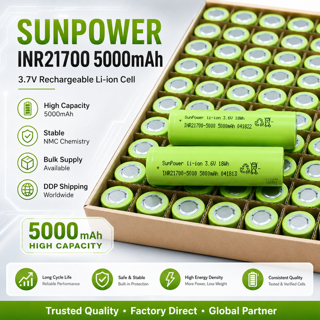 Hot Selling Sunpower 21700 5000mAh Rechargeable Lithium Battery INR21700 5000mAh 3.7V NMC 21700 Lithium Cells