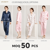 Ensemble deux pièces rose aspect satiné pour femme, col cranté, manches longues, broderie mouton, vêtements de détente, personnalisable OEM, marque privée