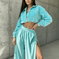 Ensemble décontracté pour femme : Sweat-shirt court Aqua personnalisé à demi-zip, pantalon large fendu sur le côté, boutons-pression, coupe décontractée