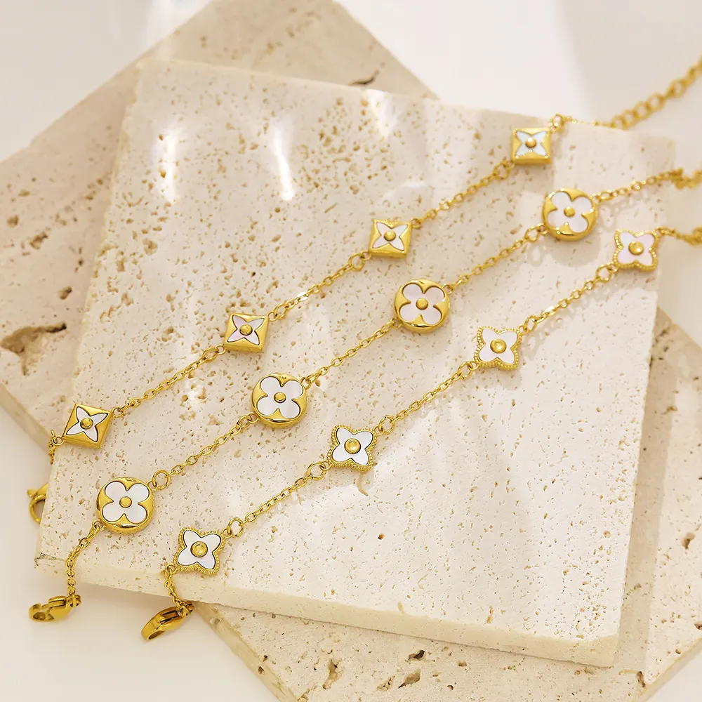 XIXI Luxury Acier Inoxydable Four Leaf Clover Shell Stainless Steel Women 18k Gold Plated Fashion Jewelry Chain Bracelets