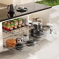 Organisateur de placard coulissant moderne en fer chromé robuste à 2 niveaux, étagère de rangement de cuisine à extension complète pour casseroles, poêles et épices