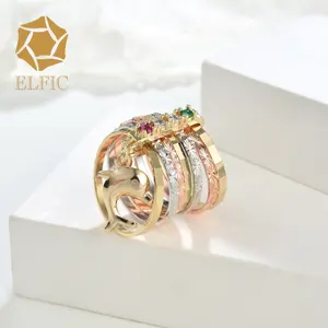 Elfic Hot Sale Jewelry Diamond Ring Gold Plated 14k Dolphin Heart Ring 7 Days Oro Laminado Anillo Joyeria Por Mayor Rings Women