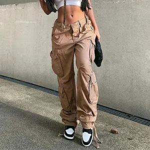 패션 빈티지 높은 낮은 허리 Streetwear 넓은 다리화물 바지 포켓 스트레이트 데님 여성 진 바지