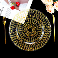 Assiettes de présentation élégantes en verre doré avec bordure dorée, 13 pouces, rondes, pour dîner, événements, fêtes et traiteur