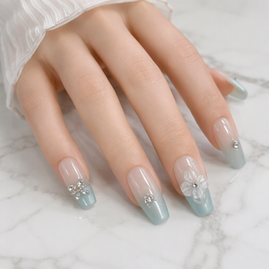 Ongles à presser effet dégradé œil de chat, transparents, avec fleurs et strass, courts, forme stiletto, extension d'ongles printemps-été - Product Image 5