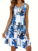 Nouvelle robe élégante bohème européenne et américaine, imprimée en 3D, sans manches, à fleurs, mini, coupe ajustée, en polyester et élasthanne pour femmes