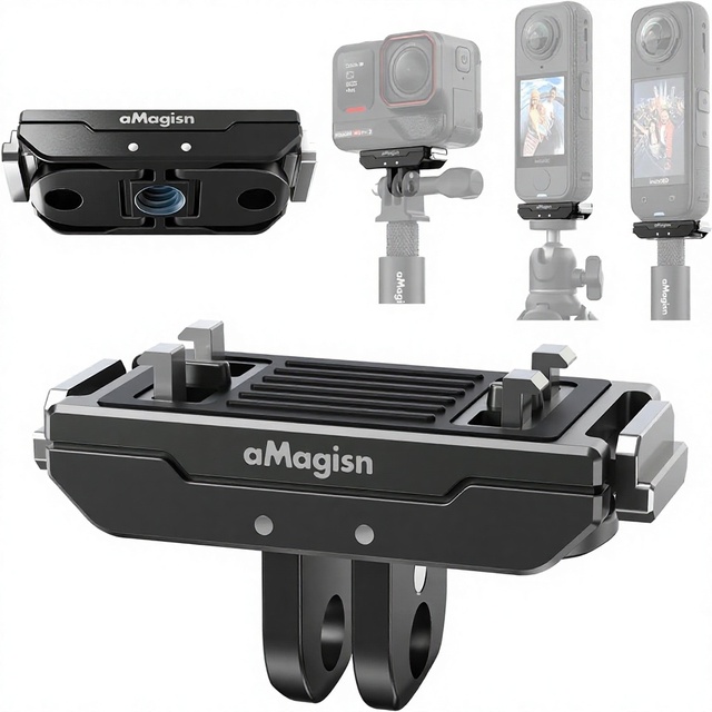 Stainless Steel Magnetic Quick Release Mount for Insta360 Ace Pro 2/X6/X5/X4 Air 2 Prong 1/4"-20 Thread Anti-Vibration Silicone