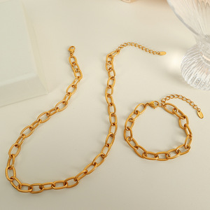 European American Style Gold Plated Oval Chain Necklace <b>Bracelet</b> <b>Set</b> For Everyday Wear Unisex Fashion Jewelry - Product Image 2