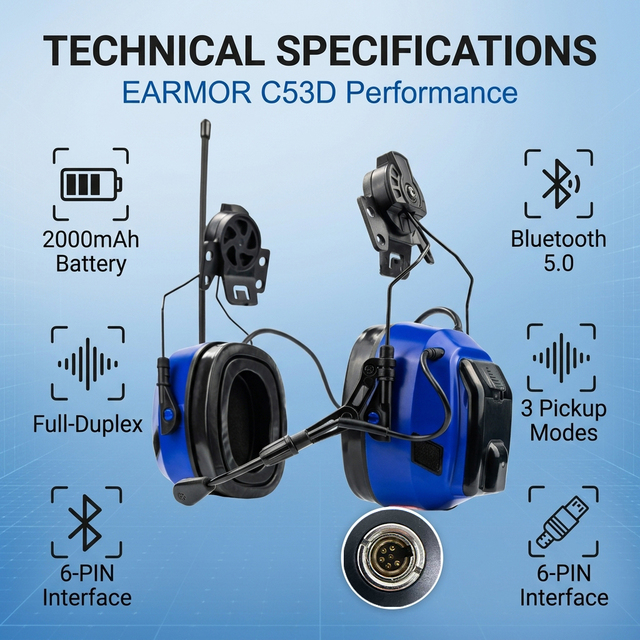 GFSK Modulation Digital Intercom Headset Full Duplex 1000m Group Talk Safety Earmuffs with 6-Pin External Connector