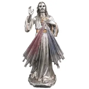 Divine Mercyรูปปั้นPewter FINISHกับTrimทองพระเยซูรูปปั้นเรซิ่น